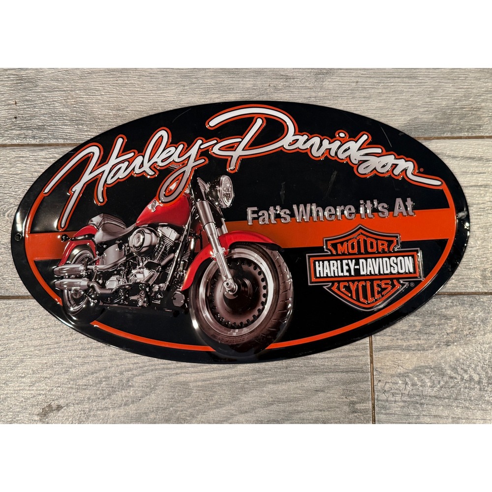 Harley Davidson Tin Sign Black Fat's Where it's At Oval Biker Wall Decor Metal